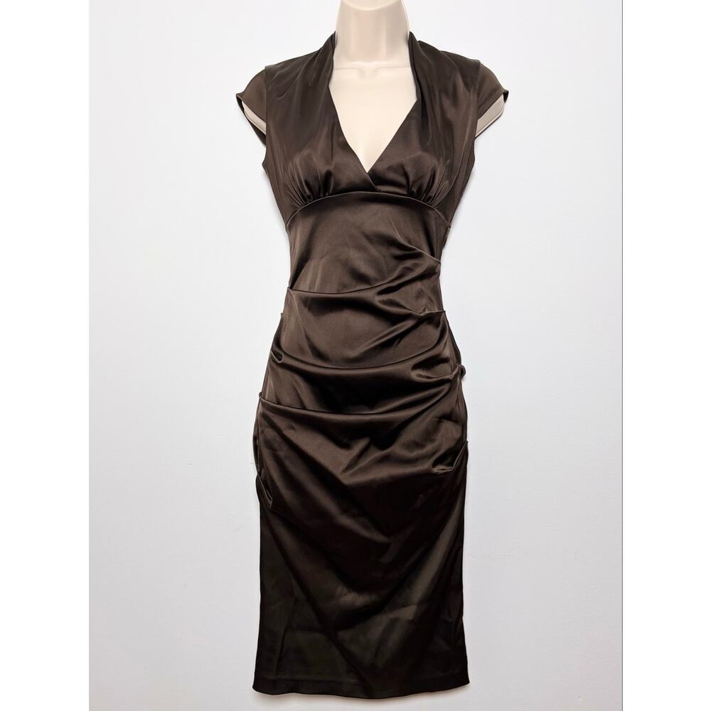 Vtg Y2K Cache Satin Ruched Fitted Midi Pencil Dress Size XS Formalwear
